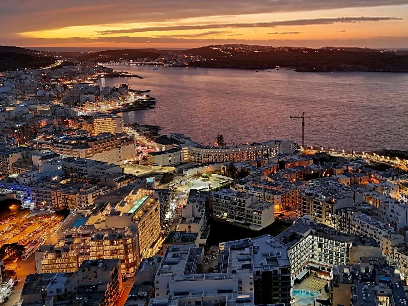 Aerial twilight view of St Paul's Bay, Malta